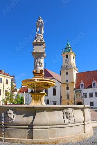 Roland Fountain at Main Square (Hlavne namestie) in Bratislava Old Town. Fountain construction was ordered in 1572 to provide public water supply
