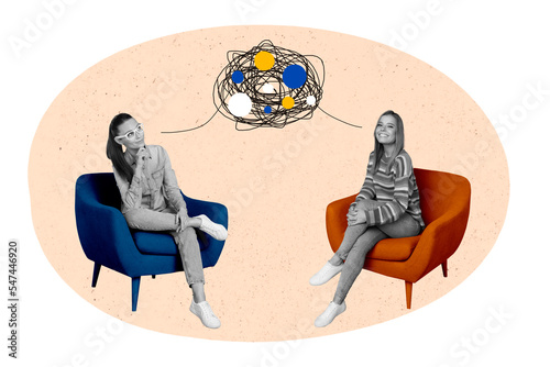 Foto Creative collage photo illustration of thoughtful beautiful girls talking conver