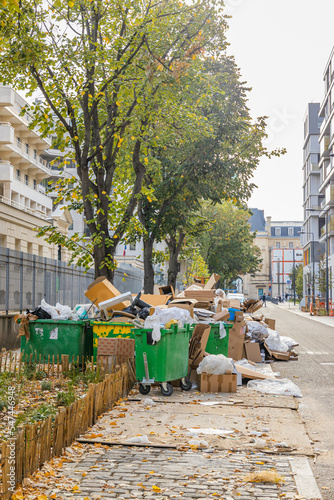Pile of garbage during a waste collection service strike in Paris, France
