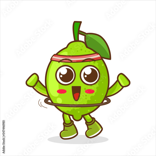 cute lime doing fitness exercises with hula hoop vector cartoon character isolated on background.