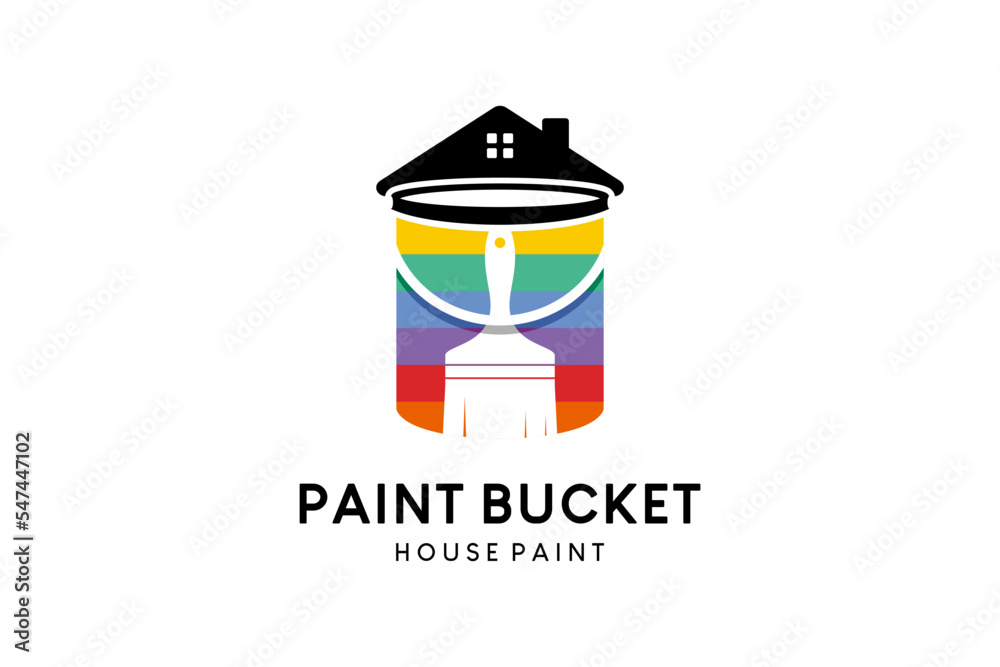 Paint bucket vector illustration logo design, a combination of paint bucket, house icon and brush Paint bucket vector illustration logo design, a combination of paint bucket, house icon and brush