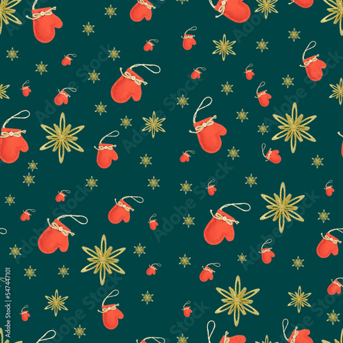 Christmas pattern of mittens and golden snowflakes on a green background