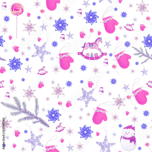 Christmas pattern with Christmas toys on a white background with lilac tinting