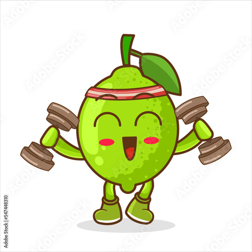 Vector mascot, cartoon and illustration of a lime doing exercises with dumbbells