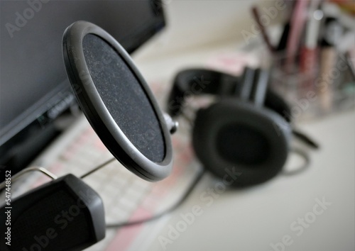 Home studio podcast interior with headphone