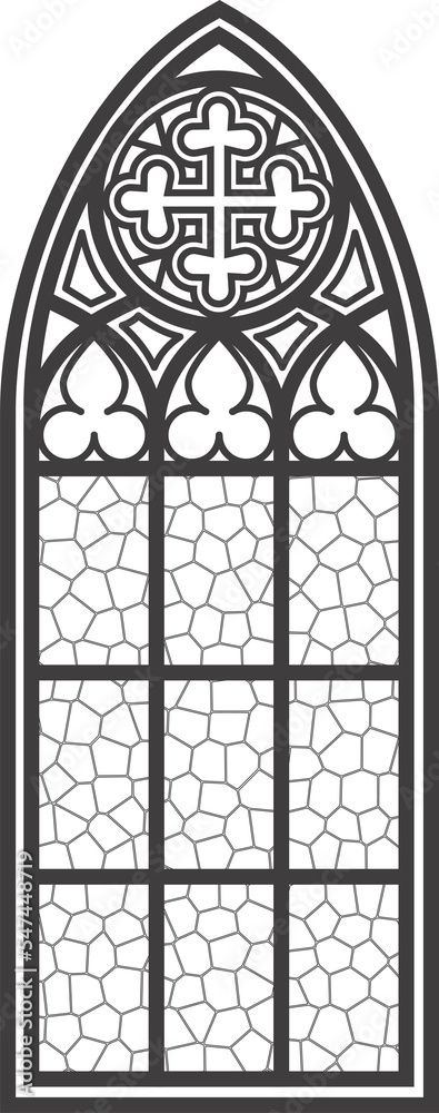 Gothic window outline silhouette of vintage stained glass church frames. Element of traditional European architecture. 
 - obrazy, fototapety, plakaty 