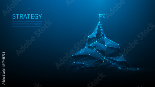 business strategy path to success on blue background. mountain with flag on top low poly. leadership vision and goal. target business mission. achievement setting. vector illustration technology.