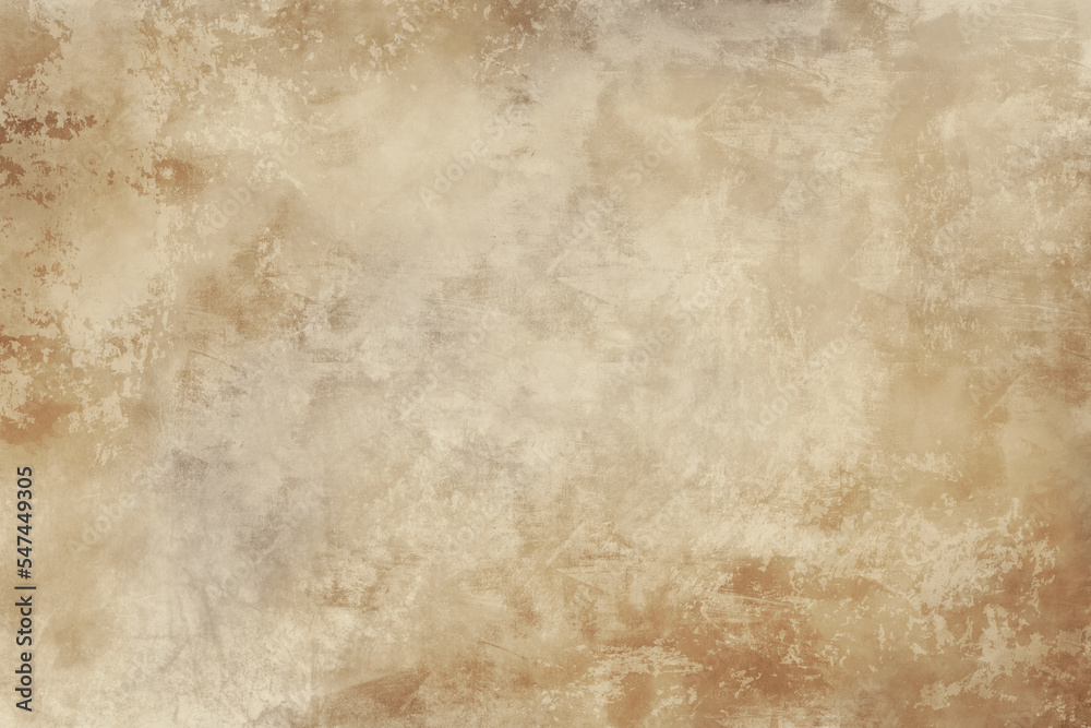  Old brown paper parchment background with distressed vintage stains and ink spatter and white faded shabby center, elegant antique beige color 