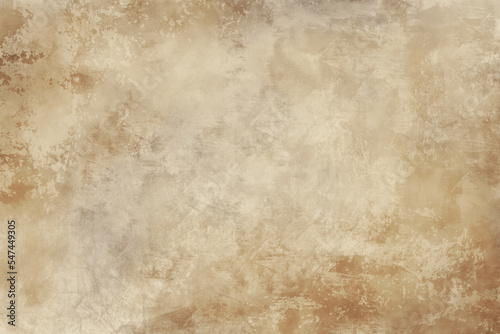  Old brown paper parchment background with distressed vintage stains and ink spatter and white faded shabby center, elegant antique beige color 
