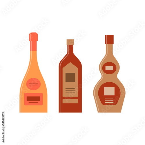 Bottle of champagne, brandy, cognac great design for any purposes. Icon bottle with cap and label. Flat style. Color form. Party drink concept. Simple image shape