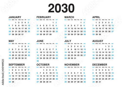 Calendar 2030 template vector, simple minimal design, Planner 2030 year, Wall calendar 2030 year, Week Starts sunday, Set of 12 calendar, advertisement, printing, stationery, holidays in blue colors
