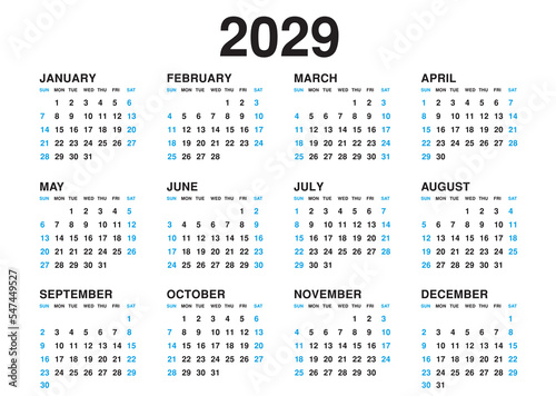 Calendar 2029 template vector, simple minimal design, Planner 2029 year, Wall calendar 2029 year, Week Starts sunday, Set of 12 calendar, advertisement, printing, stationery, holidays in blue colors