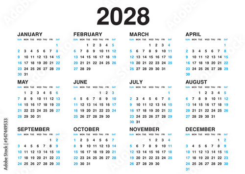 Calendar 2028 template vector, simple minimal design, Planner 2028 year, Wall calendar 2028 year, Week Starts sunday, Set of 12 calendar, advertisement, printing, stationery, holidays in blue colors