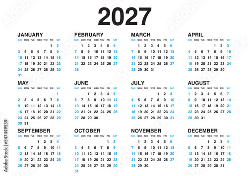 Calendar 2027 template vector, simple minimal design, Planner 2027 year, Wall calendar 2027 year, Week Starts sunday, Set of 12 calendar, advertisement, printing, stationery, holidays in blue colors
