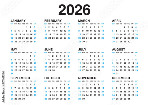 Calendar 2026 template vector, simple minimal design, Planner 2026 year, Wall calendar 2026 year, Week Starts sunday, Set of 12 calendar, advertisement, printing, stationery, holidays in blue colors