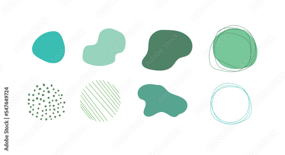 Set de figuras vectoriales abstractas color verde en un fondo blanco