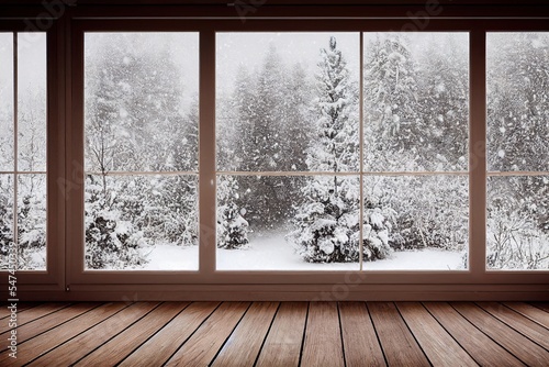 Empty room with wooden floor and window with winter view, fir trees in snow. Generative AI Illustration