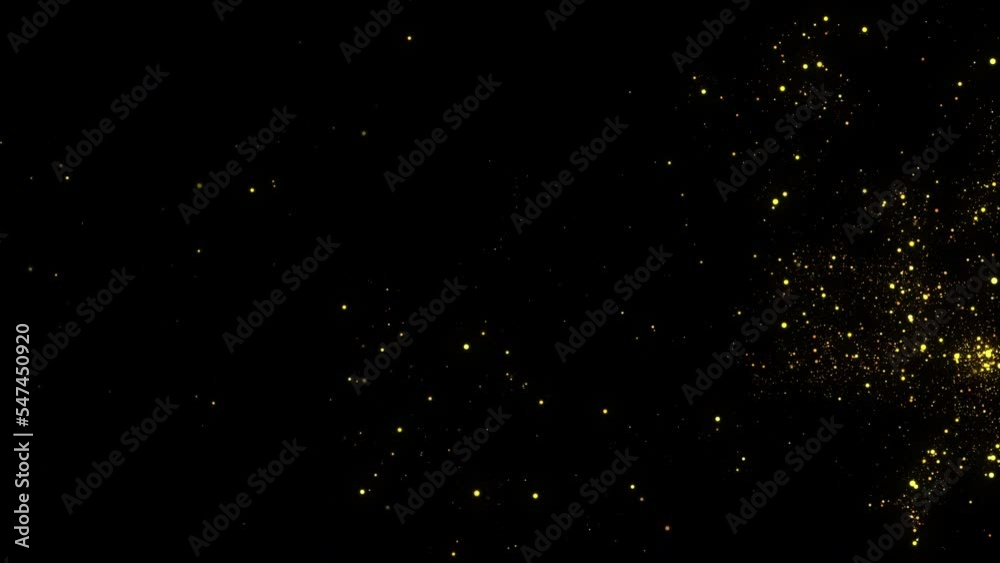 4k Gold bokeh lights. Particles trail. Golden particle magic trace. Glitters  floating in space. Isolated on black background.