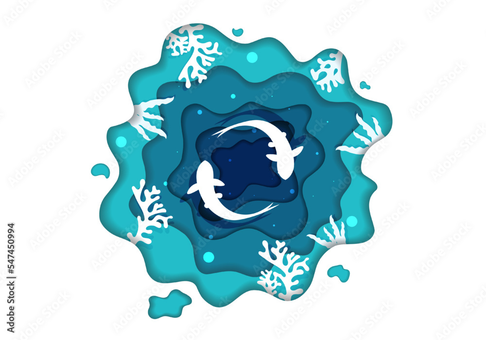 abstract background paper cut under the sea, Under the sea where fish live and the surrounding seaweed corals Under the ocean there is a wide variety of creatures.