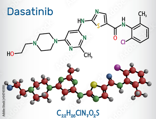 Dasatinib molecule. It is used to treat of myelogenous leukemia, CML, and acute lymphoblastic leukemia, ALL. Structural chemical formula, molecule model.