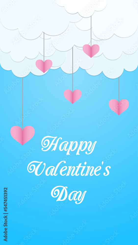 Design for a banner, postcard, smartphone wallpaper for valentine's day. Blue sky with clouds and paper cut hearts. Vector illustration
