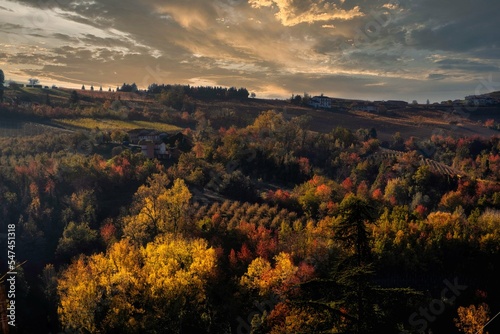 the colors of the Langhe in autumn in Serralunga D'Alba, with the vineyards and hills that are colored with warm colors like the autumn season