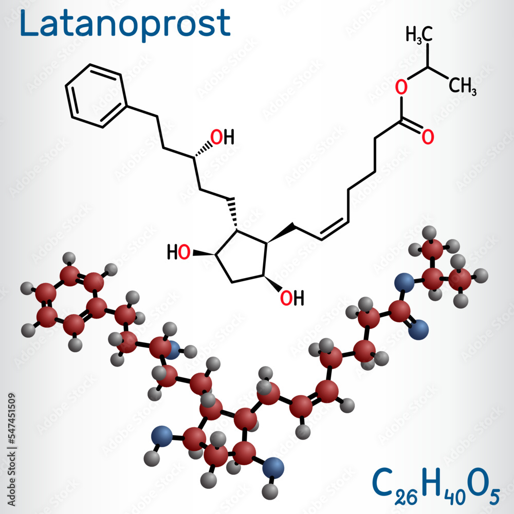 Latanoprost molecule. It is isopropyl ester prodrug used to treat increased intraocular pressure. Structural chemical formula, molecule model.