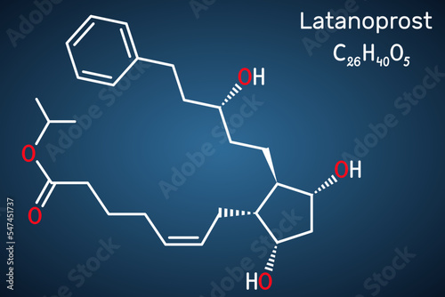 Latanoprost molecule. It is isopropyl ester prodrug used to treat increased intraocular pressure. Structural chemical formula on the dark blue background