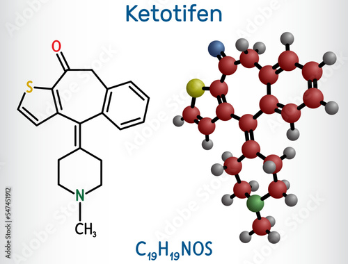 Ketotifen, histamine H1 receptor blocker molecule. It is used to treat atopic asthma, allergic conjunctivitis. Structural chemical formula, molecule model.