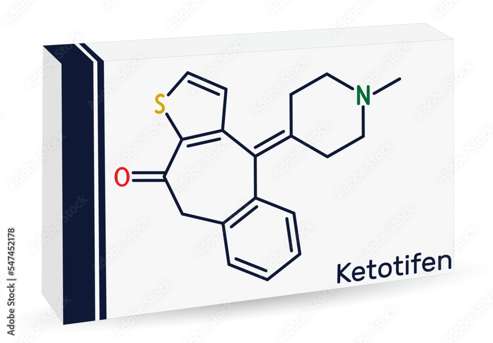 Ketotifen, histamine H1 receptor blocker molecule. It is used to treat atopic asthma, allergic conjunctivitis. Skeletal chemical formula. Paper packaging for drugs Ketotifen, histamine H1 receptor blocker molecule. It is used to treat atopic asthma, allergic conjunctivitis. Skeletal chemical formula. Paper packaging for drugs