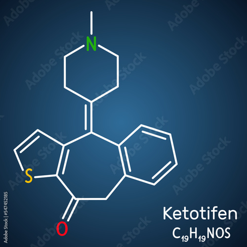 Ketotifen, histamine H1 receptor blocker molecule. It is used to treat atopic asthma, allergic conjunctivitis. Structural chemical formula on the dark blue background.