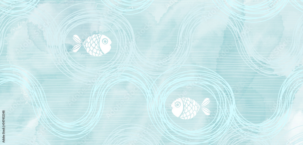 Art sea background vector. Luxury design with cartoon fish and watercolor splash. Template design for text, packaging and prints. Art sea background vector. Luxury design with cartoon fish and watercolor splash. Template design for text, packaging and prints.