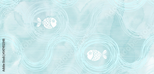 Art sea background vector. Luxury design with cartoon fish and  watercolor splash. Template design for text, packaging and prints.