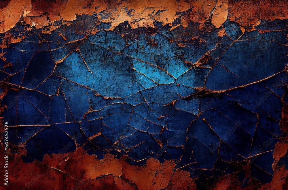 Blue rusted metal backround, distressed grunge background. Old metallic iron panel.