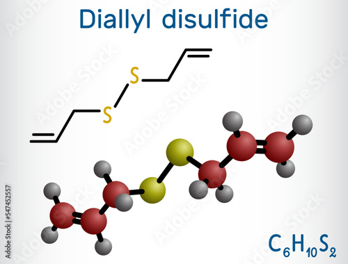 Diallyl disulfide, DADS molecule. It is organic disulfide, found in garlic and other species of the genus Allium. Structural chemical formula, molecule model.