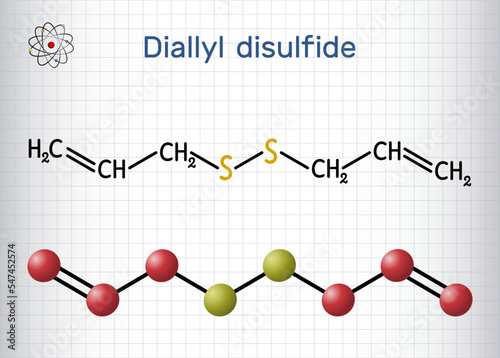 Diallyl disulfide, DADS molecule. It is organic disulfide, found in garlic and other species of the genus Allium. Structural chemical formula, molecule model. Sheet of paper in a cage.