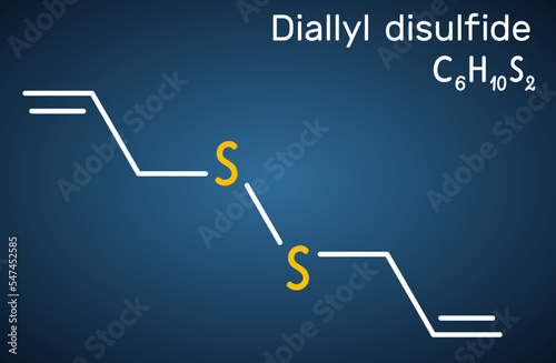 Diallyl disulfide, DADS molecule. It is organic disulfide, found in garlic and other species of the genus Allium. Structural chemical formula on the dark blue background