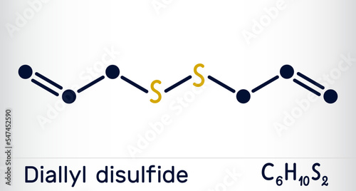 Diallyl disulfide, DADS molecule. It is organic disulfide, found in garlic and other species of the genus Allium. Skeletal chemical formula photo