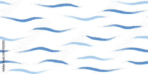 Seamless Wave Pattern, Hand drawn cute water vector background. Watercolor sea brush smears, baby paint lines design