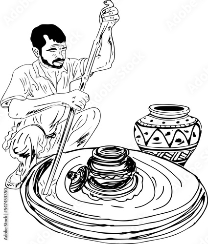 Indian clay potter sketch drawing vector illustration of making clay pots, Indian village man on pottery wheel and making a pot clipart and silhouette, Indian Kumhar drawing 