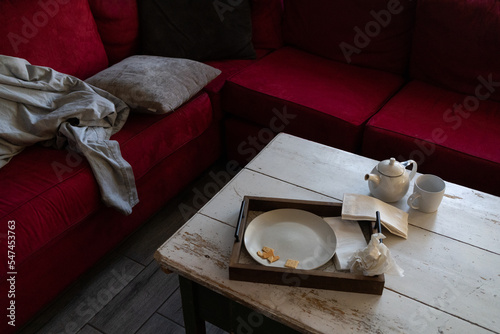 messy dark living room home with red couch, gray blanket, white farmhouse table, tea pot, mug, and dirty plates