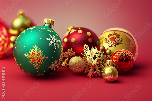 Christmas decorations for the Christmas tree isolated on red grey background.