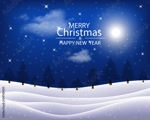 Merry Christmas. Winter holiday landscape with snowdrifts and snowy fir trees. Vector 3d illustration. Seasonal nature background. Frosty snow hills.