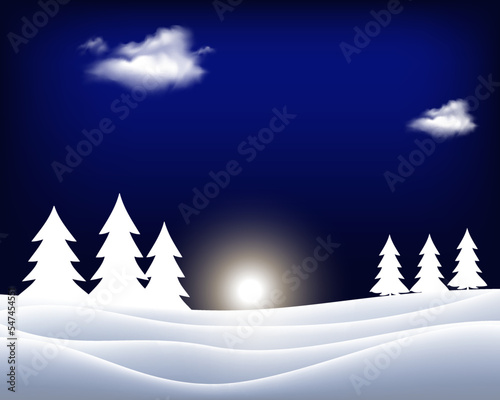 Winter Christmas Landscape Vector Background with snow covered hills, deer, ribbon banner © Roman's portfolio