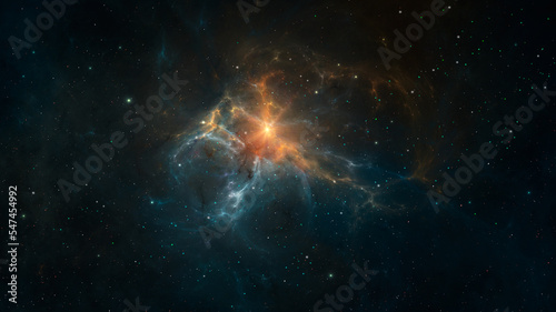 Space background. Colorful fractal blue and orange nebula with star field. 3D rendering