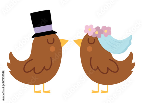 Vector bride and groom brown birds in veil with flowers and black hat. Cute wedding animals. Funny marriage clipart element. Just married kissing couple. Cartoon ceremony illustration