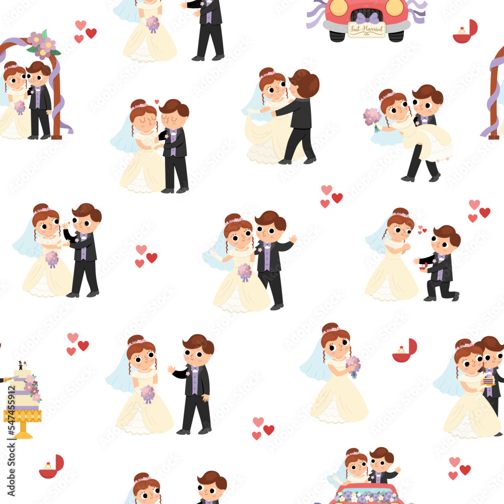Vector seamless pattern with bride and groom. Cute just married couple repeat background. Wedding ceremony texture. Cartoon marriage digital paper with rings, cake, honeymoon car, arch Vector seamless pattern with bride and groom. Cute just married couple repeat background. Wedding ceremony texture. Cartoon marriage digital paper with rings, cake, honeymoon car, arch