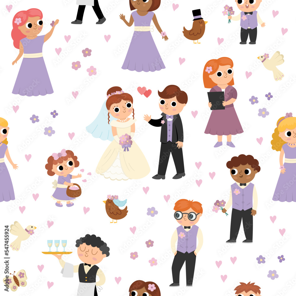 Vector seamless pattern with bride, groom and their guests. Cute just married repeat background with bridesmaids, bridegrooms, children, waiter, registrar. Wedding ceremony digital paper Vector seamless pattern with bride, groom and their guests. Cute just married repeat background with bridesmaids, bridegrooms, children, waiter, registrar. Wedding ceremony digital paper