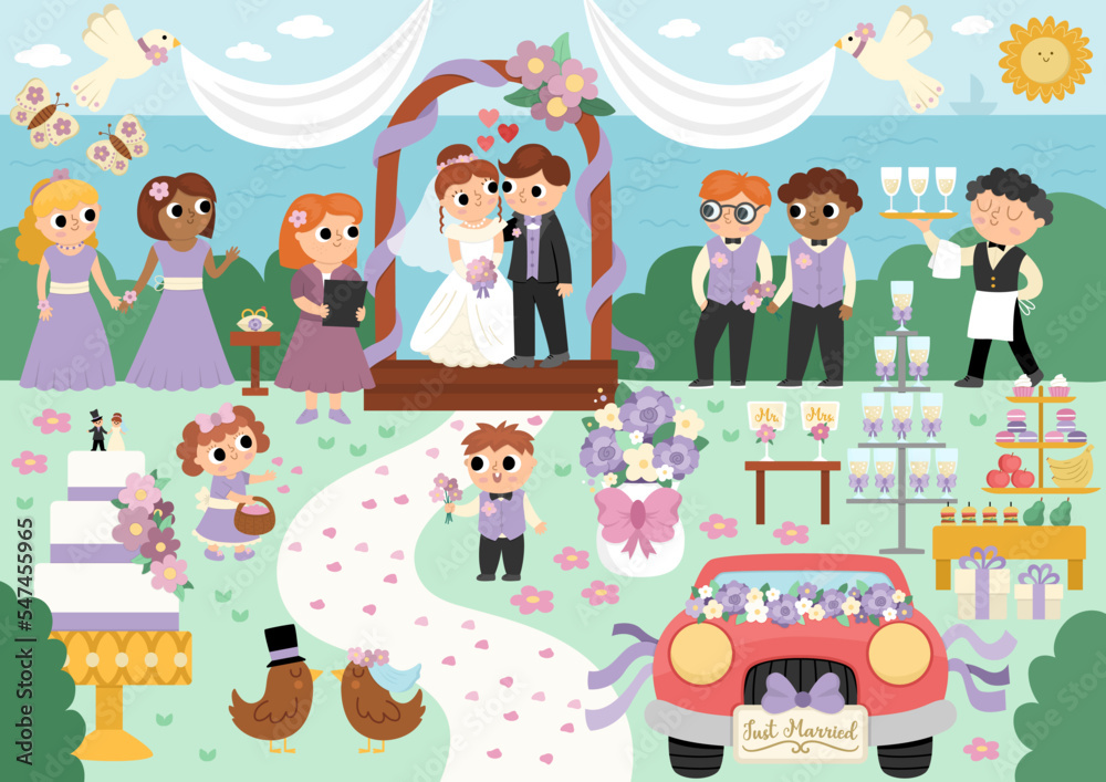 Fototapeta premium Vector wedding scene. Cute marriage ceremony illustration with just married couple in the arch, registrar, bridesmaids and bridegroom, candy bar, cake. Cartoon matrimonial sea landscape
