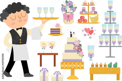 Vector wedding candy bar set. Cute marriage sweet table or buffet clipart with waiter, cake, champagne, snacks, fruit. Just married holiday meal collection. Funny ceremony illustration